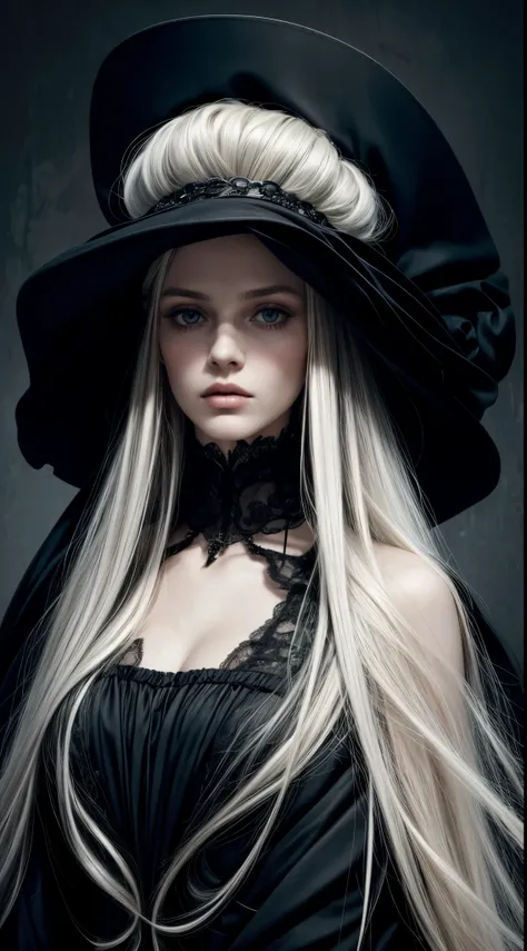 bust portrait of a beautiful woman with long white hair,in a black dress and a black hat,funeral veil,her head resting on her hand,paolo roversi,style of paolo roversi,in style of tim walker,black pointed hat,official dior editorial,vogue editorial photo,v...