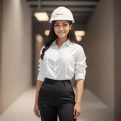 Um jovem sorridente, wearing a black suit camisa, standing in a tidy office, usando um capacete, Holding hands, standing elegantly, Pele branca, Full of confidence, beleza, 4 dentes, 30 anos de idade, feliz, retrato de corpo inteiro, 4k, high resolution, o...