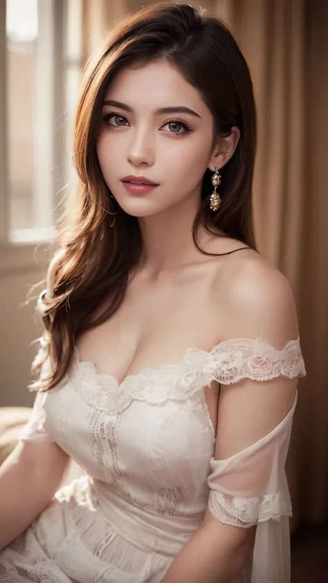 1woman, (Ultra realistic, high res), (highly detailed eyes, highly detailed hair, highly detailed face, highly detailed plump lips), (off shoulder), upper body, caute smile, (best quality:1.4), Raw photo, (realistic, photo-realistic:1.37), professional pho...