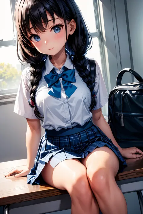 (8K, highest quality, table top:1.2)、Super high resolution、1 16-year-old female、head tilt、detailed face、deep, fine eyes、star-shaped pupil、Happy、school uniform,blazer、Plaid skirt and navy skirt、school bag、black hair、twin braids、solo、finger details、Wants to ...