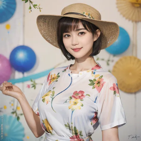 159
(Shorthair:1.46),  (a 20 yo woman, standing), (A hyper-realistic), (Masterpiece), (8KUHD), (gentle smile), Slender waist,  ((Floral Clothing - T-Shirts)), (abstract splash painting), (breasts:1.3), (口紅), panama hat
