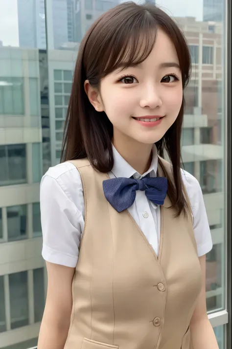 vest, bow, photograph, realistic, highest quality, hire, detailed face, office, building from the window, detailed background, diffused sunlight, Depth of bounds written, Bokeh、beautiful face、smile、ばっちりmake、make、韓国風make、Korean beauty