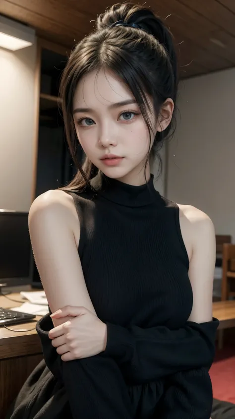 1girl, black dresses, off shoulder, big , ponytail hair, black hair, red eyes, parted lips,