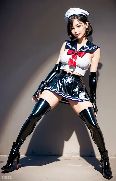 official art, Highly detailed CG Unity 8K wallpaper, highest quality, masterpiece, High resolution,shiny latex thigh-high boots, Brown Shorthair, brown belt,  leather shoulder bag、latex gloves,  (shiny latex sailor suit:1.6)、（Latex School Uniform)、(shiny l...