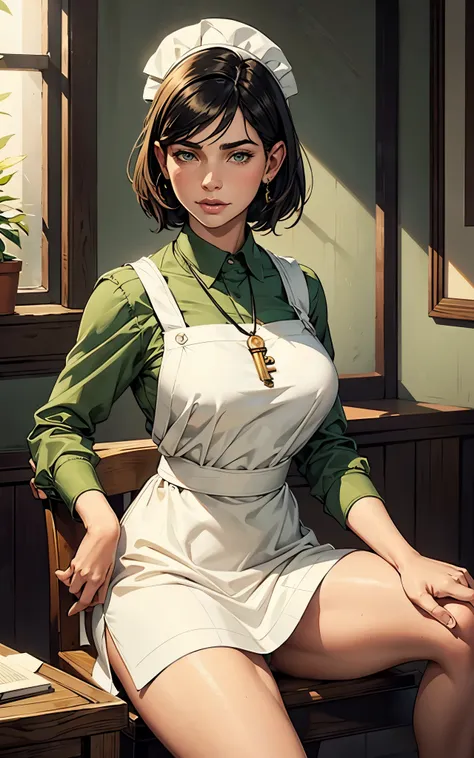 (Dua Lipa:Evangeline Lilly) waitress, ((white apron)), ((green shirt)), 1920 style, masterpiece, Lovecraft atmosphere, (pendant of a key), hyperdetailed, ((rule of thirds))