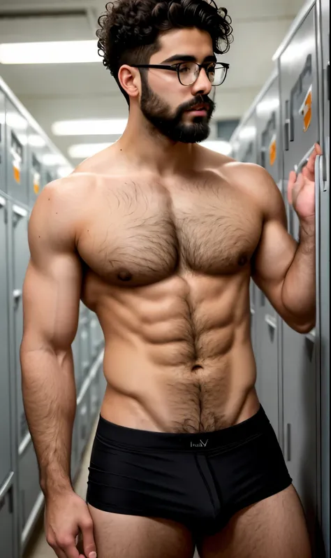 Two men pictured a young, thin man next to his sexy muscular 25-year-old teacher, together in the school locker room; first the young man, is submissive, of short size, without clothing, curly hair, brown skin, youthful face, full body, body with hair on c...