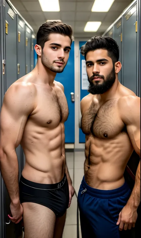 Two men pictured a young, thin man next to his sexy muscular 25-year-old teacher, together in the school locker room; first the young man, is submissive, of short size, without clothing, curly hair, brown skin, youthful face, full body, body with hair on c...