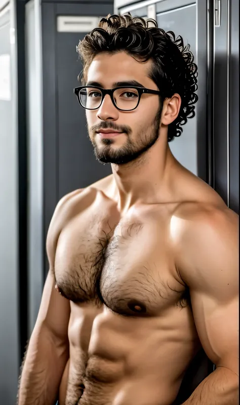 Two men pictured a young, thin man next to his sexy muscular 45-year-old teacher, together in the school locker room; first the young man, is submissive, of short size, without clothing, curly hair, brown skin, youthful face, full body, body with hair on c...