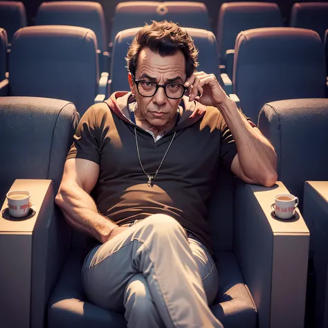 portrait of a Adel Imam sitting in a cinema, with 3D glasses looking to the movie with empty chairs,