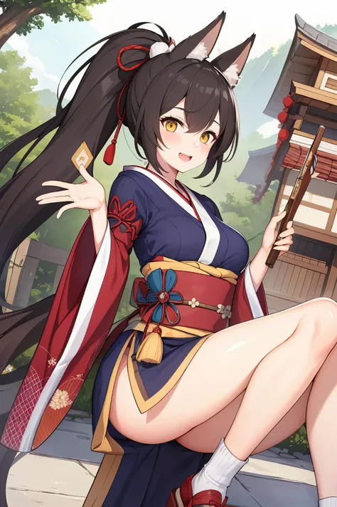 Fox-eared witch,(highest quality:1.2)、girl with long brown ponytail、(yellow fox ears)、(fox tail)、shrine、4K resolution、Traditional Japanese kimono like Onmyoji、big breasts、Illustration similar to Genshin、Clothes like Kitasan Black、looking at the camera,Cool...