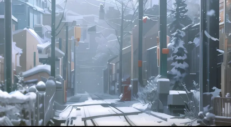 lots of snow street with a train on the tracks and a building in the background, lots of snow. by makoto shinkai, Makoto Shinkai&#39;s style, beautiful anime scene, makoto shinkai. — hour 2160, by makoto shinkai, by makoto shinkai, Studio Gribly Makoto Shi...