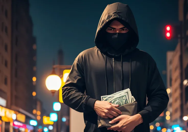 man in black hoodie and mask at night holding 1 old bag of money
