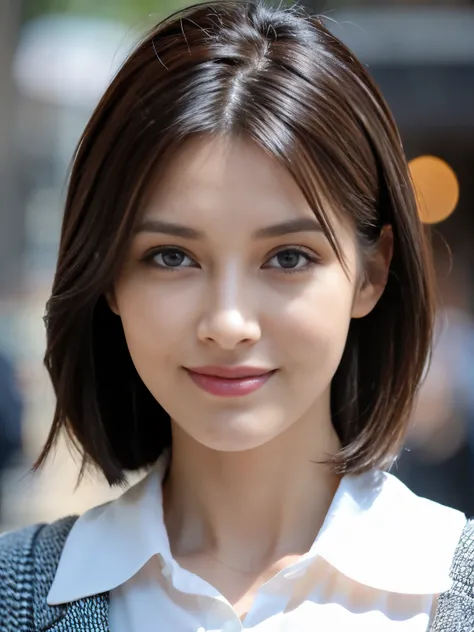 highest quality, realistically, super detailed, High resolution, solid color background，8k wallpaper, 1 beautiful woman,short and fine hair,  Please wear a flight attendant suit, lock focus, beautiful eyes, delicate hair, 细致realistically的皮肤纹理, smile, close...