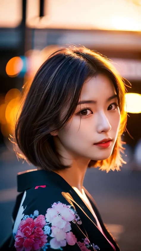 Beautiful Japanese supermodel woman, A lock of hair with slight highlights, black eyes, mixed media, Sexy，street background，Gorgeous kimono , Liquid color flows across her face, sunset，Photographed by Wang Luodan，god of wealth