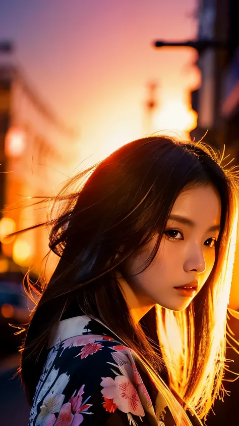 Beautiful Japanese supermodel woman, A lock of hair with slight highlights, black eyes, mixed media, Sexy，street background，Gorgeous kimono , Liquid color flows across her face, sunset，Photographed by Wang Luodan，god of wealth