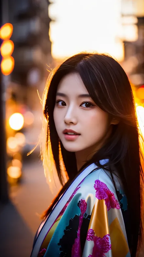 Beautiful Japanese supermodel woman, A lock of hair with slight highlights, black eyes, mixed media, Sexy，street background，Gorgeous kimono , Liquid color flows across her face, sunset，Photographed by Wang Luodan，god of wealth