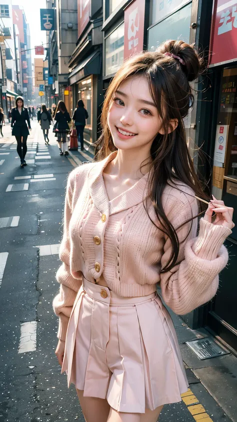 highest quality, masterpiece, ultra high resolution, (realistic:1.4), (portrait facing each other) RAW photo, 2 girls, 22 years ago,slender body,Medium chest,((winter school uniform)),((long hair bun hair)),((Harajuku Takeshita Street)),((Eating sweets whi...