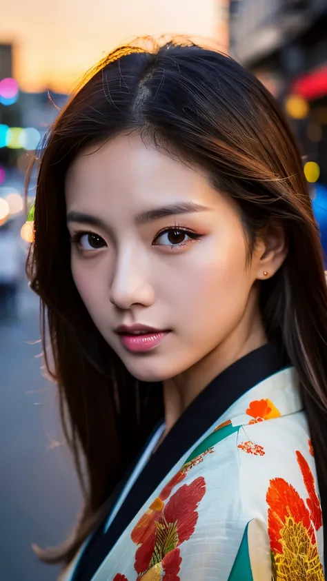 Beautiful Japanese supermodel woman, A lock of hair with slight highlights, black eyes, mixed media, Sexy，street background，Gorgeous kimono , Liquid color flows across her face, sunset，Photographed by Wang Luodan，god of wealth