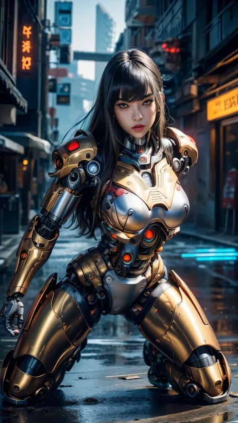 1girl, solo, japanese girl, (((cyborg:1.4))), cyborg girl, cyborg armor, cyborg clothing, beautiful detailed eyes, finely detail...