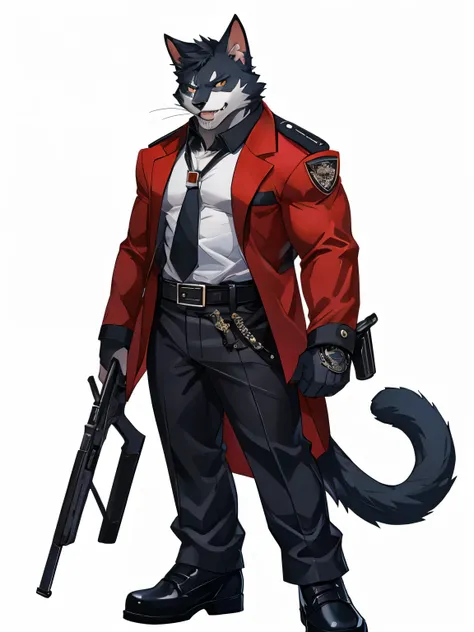 Cat, good looking, male, anthro, bodyguard suit, pistolband, belt, ultradetailed, solo, muscles, simple background, white background, tail, sharp teeth, casual, cool pose,