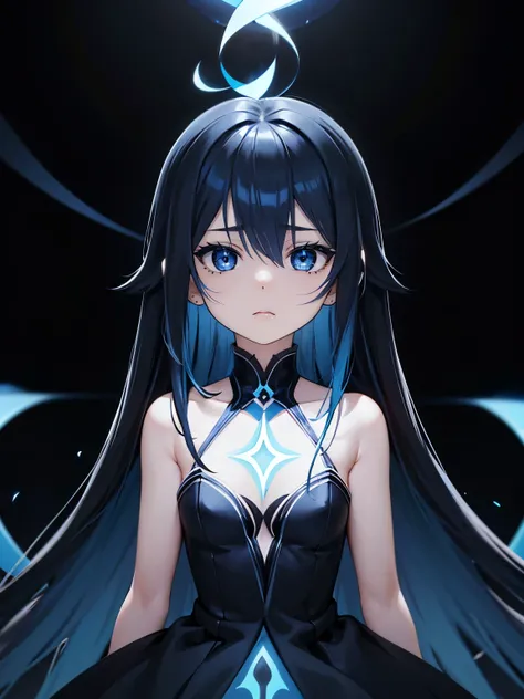 Long hair, mixed skin, blue hair, black eyes, black irises, black pupils, black gown, kuudere, blank expression, light blue hair, black background, black hole, void, paradox, special effects, aura, blue