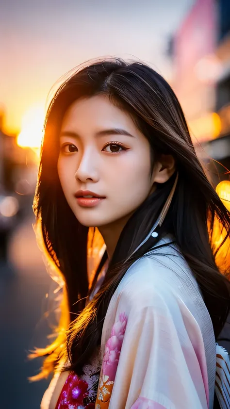 Beautiful Japanese supermodel woman, A lock of hair with slight highlights, black eyes, mixed media, Sexy，street background，Gorgeous kimono , Liquid color flows across her face, sunset，Photographed by Wang Luodan，god of wealth