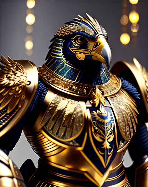 Eagle Knight Horus,armadura detalhada,ouro,Seda,Design complexo,luzes de cinema,(melhor qualidade,4k),ultra-detalhado,realista,profissional,sharp focus,studio lighting,cores vivas,Physically based rendering,extreme detailed description,Bokeh,Retratos