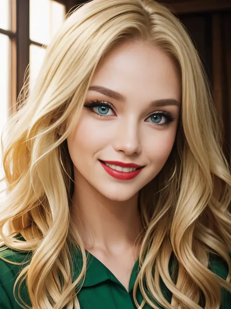 Caucasian woman, blonde hair, wavy hair, long hair, outlined green eyes, red lipstick, smile,