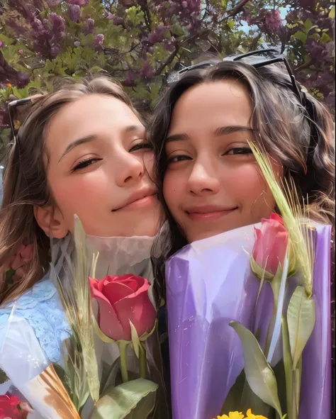 two women are hugging each other with flores in front of them, with flores, nodded, holding flores, carrying flores, Mujer sosteniendo a otra mujer, dos hermosas mujeres enamoradas, rosses, Vibraciones de amigos de la infancia, imagen de muy muy baja calid...