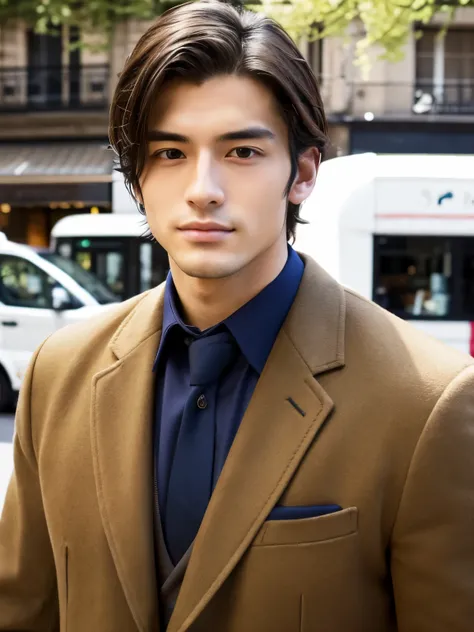 Jacketed,  attractive male, completion ， perfect face, Beautiful and graceful straight gaze,lack of beard (clean shaven),Japanese,Handsome guy,Paris city center、spring