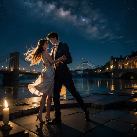 Couple in love dancing in the moonlight, magic, dream scenerie, sky full of stars