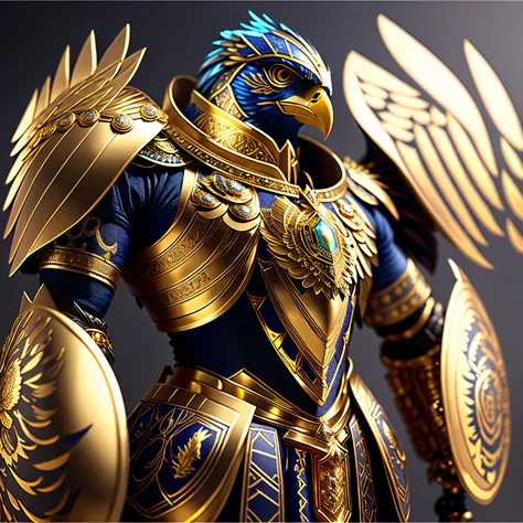 Eagle Knight Horus: armadura detalhada, ouro, Seda, Projeto complexo, luzes de cinema (melhor qualidade, 4k), ultra-detalhado, realista, profissional, sharp focus, studio lighting, cores vivas, Physically based rendering, extremely detailed description, Bo...