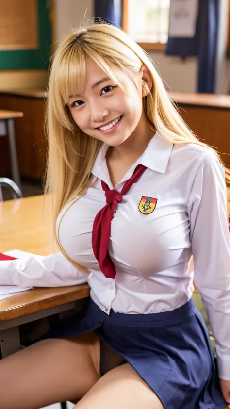 beautiful Asian girl, beautiful smile, big breasts, blonde hair, wearing Seifuku, shirt all open showing the side of her breasts, panties, in the classroom