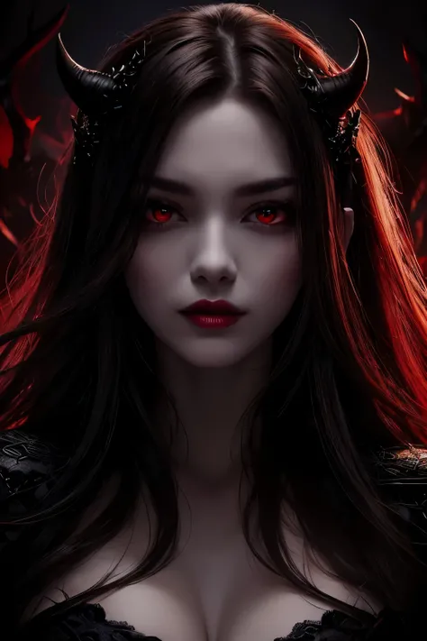 (detailed face,detailed eyes,longeyelashes)(best quality,ultra-detailed)(realistic)(oil painting,portrait) dark lighting,dark colors,red color,queen of the darkness,fierce expression,horns,dark lipstick,glowing red eyes,sharp features,flowing dark hair