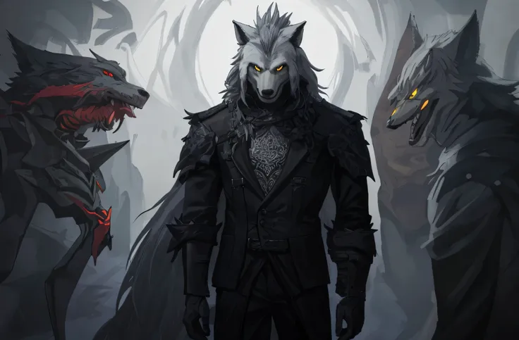 um close de uma pessoa com um casaco preto e um lobo, an anthropomorphic wolf, Grim - Lobo, Armadura do Lobo, um lobo antro, Lobo preto, anthropomorphic wolf, grande lobo, armadura de pele preta, Fenrir, retrato de lobo fantasia, lobo peludo, arte de estil...