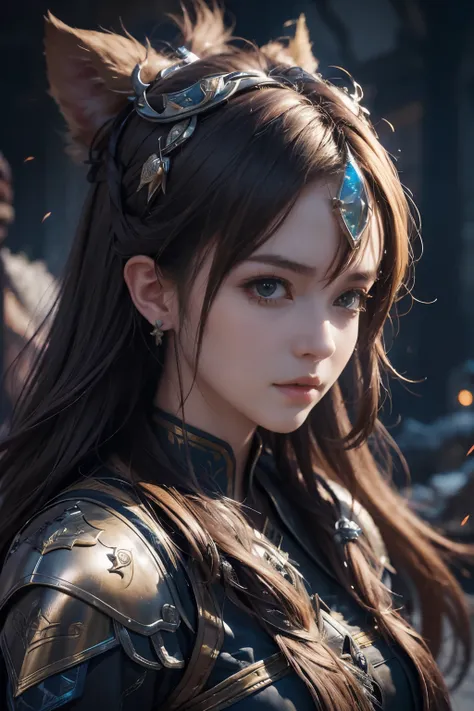 Game art，The best picture quality，Highest resolution，8K，(A bust photograph)，(Portrait)，(Head close-up:1.5)，(Rule of thirds)，Unreal Engine 5 rendering works， (The Girl of the Future)，(Female Warrior)， 
20岁少女，((Hunter))，An eye rich in detail，(Big breasts)，优雅...