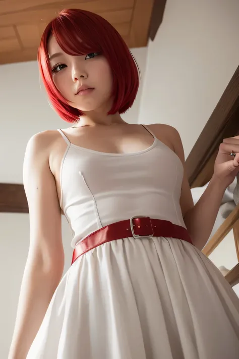 white camisole、whole body、Photo taken from below、one beautiful maid、((red hair long bob hair))、indoor