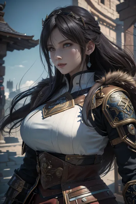 Game art，The best picture quality，Highest resolution，8K，(A bust photograph)，(Portrait)，(Head close-up:1.5)，(Rule of thirds)，Unreal Engine 5 rendering works， (The Girl of the Future)，(Female Warrior)， 
20岁少女，((Hunter))，An eye rich in detail，(Big breasts)，优雅...