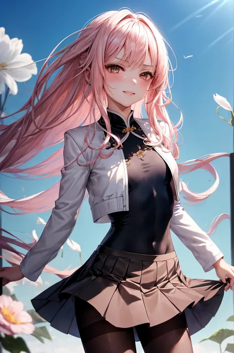 1girl, pose, particle, wind, flower, intricate details, thin, ((slim)), beautiful girl, Light pink hair, white skin,dark brown eyes, sharp jawline, cropped jacket, messy hair, lips, upper body, close up, smirk, プリズム、迷路、混乱,pantyhose, beautiful background,滝,...