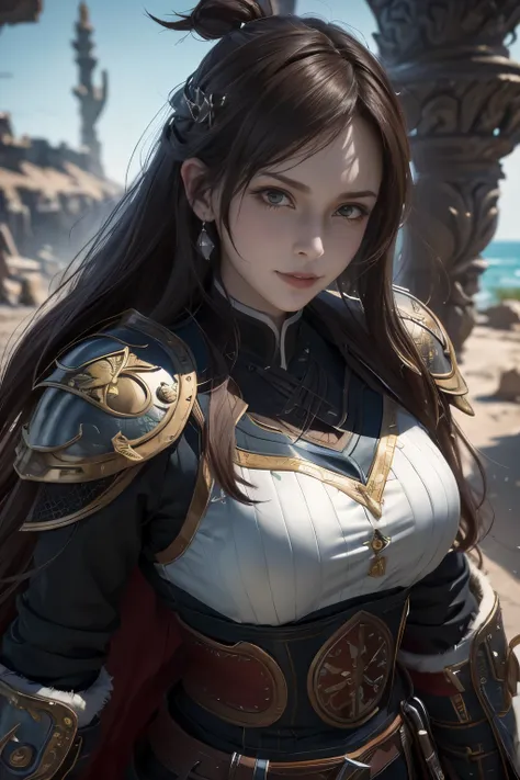 Game art，The best picture quality，Highest resolution，8K，(A bust photograph)，(Portrait)，(Head close-up:1.5)，(Rule of thirds)，Unreal Engine 5 rendering works， (The Girl of the Future)，(Female Warrior)， 
20岁少女，((Hunter))，An eye rich in detail，(Big breasts)，优雅...