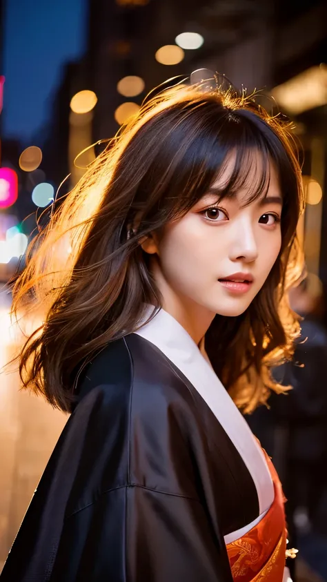 Beautiful Japanese supermodel woman, A lock of hair with slight highlights, black eyes, mixed media, Sexy，street background，Gorgeous kimono , Liquid color flows across her face, sunset，Photographed by Wang Luodan，god of wealth