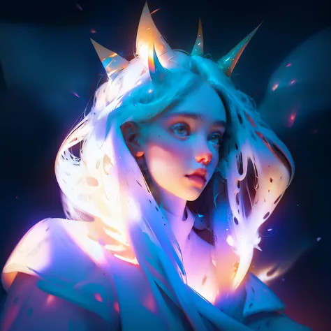 goddess in heaven，脸上有明显的珠Light，脸颊的珠Light更加明显一些，huge white horn，long white hair，white eyes， float， galaxy， nebula，Pearl lamps，Light，Not real，Fantastic galactic background，White background around characters
