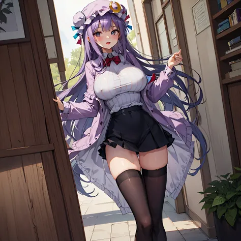 (Patchouli toho character), (standing at lakeside forest), outside, (standing with open legs wide:1.6), (arms behind back), (bending back), tiptoe, pigeon toed, BREAK, (disproportionately gigantic huge breasts:1.2), inconceivably thin waist, very short tor...