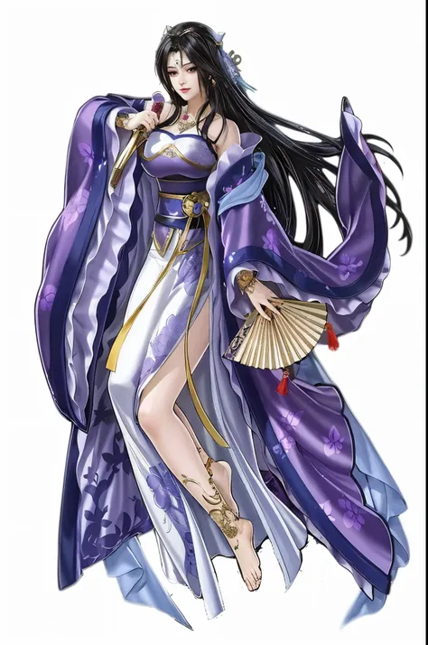 a woman in a purple dress holds a fan and fan, full body xianxia, ((beautiful fantasy queen)), full body martial arts, flowing h...