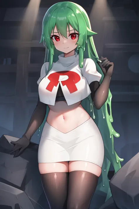 a girl with long hair, looking at camera, slime girl, cinematic lighting, red eyes, seductive look, transparent body, team rocket,team rocket uniform,white skirt,crop top,black thigh-highs,black elbow gloves