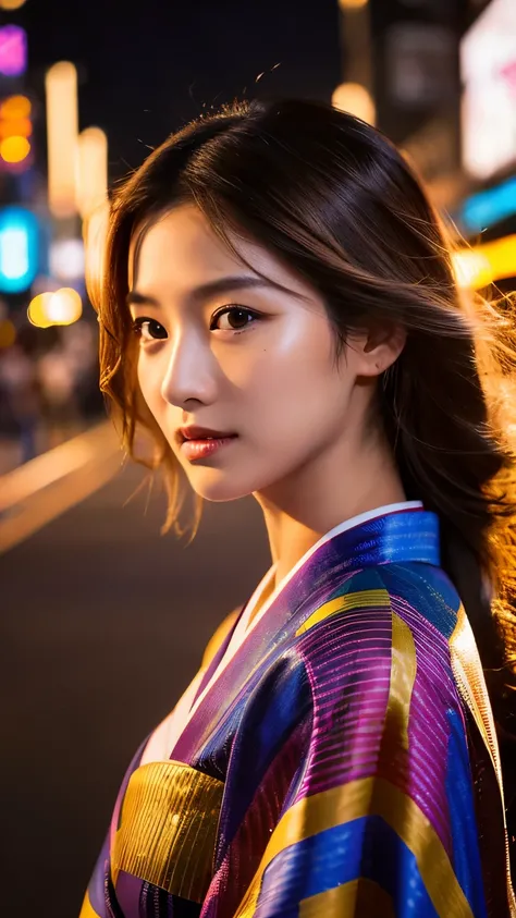 Beautiful Japanese supermodel woman, A lock of hair with slight highlights, black eyes, mixed media, Sexy，street background，Gorgeous kimono , Liquid color flows across her face, sunset，Photographed by Wang Luodan，god of wealth