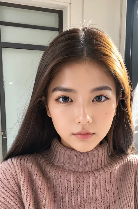 woman, on the chest、super detailed face, droopy eyes, double eyelid, No bangs、clear eyes、Glossy skin, small head、knit sweater