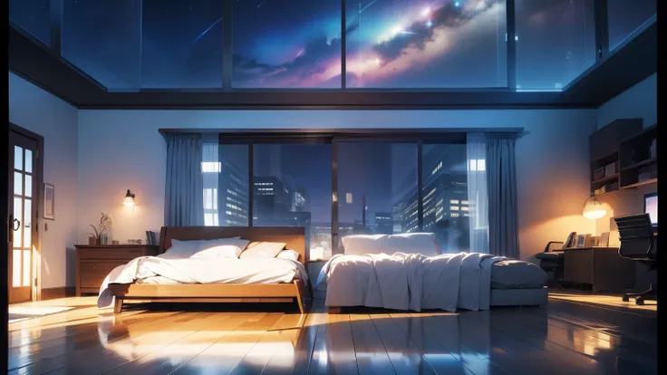 gorgeous bed，Floor-to-ceiling night lights illuminate parts of the room，floor to ceiling clear glass door，A beautiful starry sky outside，dark atmosphere