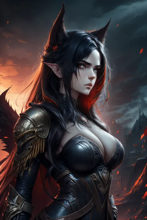 (best quality,4k,highres,masterpiece:1.2),ultra-detailed,realistic,photorealistic:1.37,demon woman,detailed face,detailed eyes,long windy hair,black armor,gold detailed,dark environment,haunting background,ominous atmosphere,ethereal glow,sharp contrast,me...