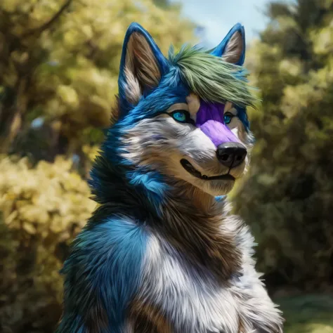 anthro husky man furry detailed fur long fur blue and white fur (purple snout) long hair olive green hair realistic fur digital ...